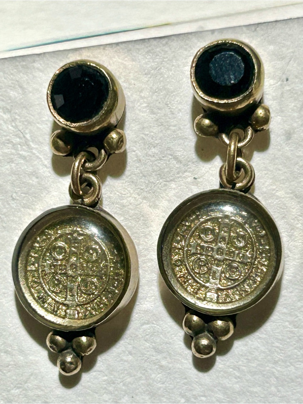 Virgin Saints & Angels Gold Tone Garnet Stone Drop Earrings EUC RARE